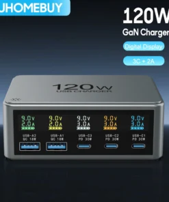 120W Desktop Fast Charging Station PD 30W USB Type C 5-Port Digital Display GaN Charger for iPhone Samsung Xiaomi Phone Tablets