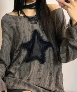 Alternative view of Y2K Hole Star Print T-Shirt Women Fashion Streetwear Off Shoulder Tops Summer Oversized Kpop Long Sleeve Loose Tees Ladies New