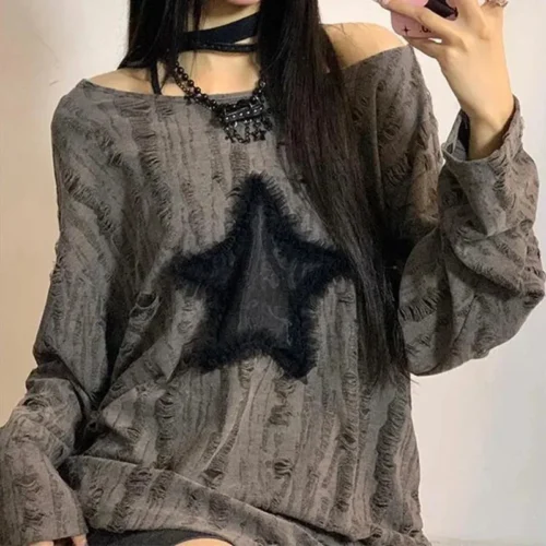 Alternative view of Y2K Hole Star Print T-Shirt Women Fashion Streetwear Off Shoulder Tops Summer Oversized Kpop Long Sleeve Loose Tees Ladies New