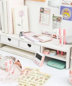 Alternative view of Pink White Student Storage Rack Heart Drawers Monitor Laptop Increase Shelf Office Screen Riser Holder Stationery Pen Storage