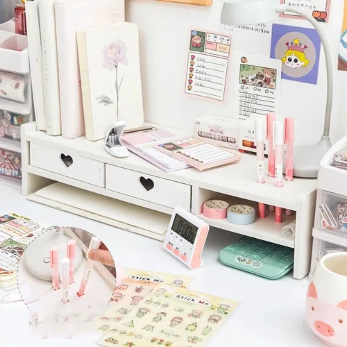 Alternative view of Pink White Student Storage Rack Heart Drawers Monitor Laptop Increase Shelf Office Screen Riser Holder Stationery Pen Storage