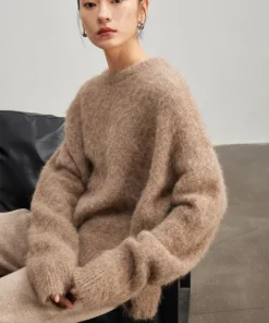 Alternative view of SuyaDream Warm Alpaca Pullovers for Woman, Dropped Sleeved Loose Sweaters, 2025 Fall Winter Top, Camel, Beige