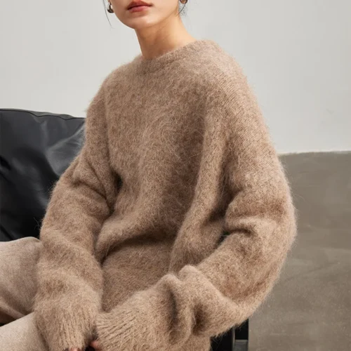 Alternative view of SuyaDream Warm Alpaca Pullovers for Woman, Dropped Sleeved Loose Sweaters, 2025 Fall Winter Top, Camel, Beige
