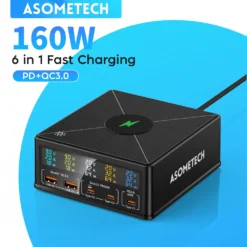 5-Port USB Charger Station with 15W Wireless Charging, 65W PD & QC3.0 for iPhone 15 Pro and Laptops