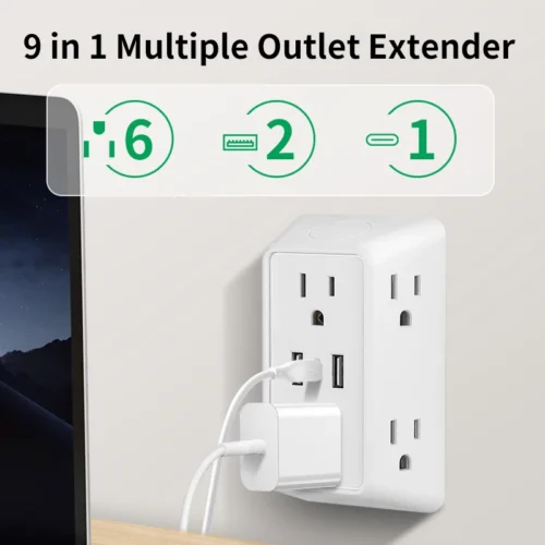 Alternative view of 9-in-1 power strip with 2 USB sockets, 1 Type-C socket, and 6 AC sockets. Multi-socket wall plug (power expander), small size,