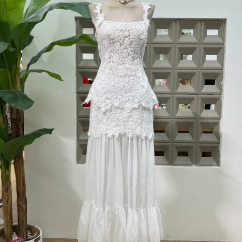 DFDG Women’s Niche Design Lace Top White Skirt Set Cut-Out Waist Blouse Embroidery Spring And Summer Co-ord Outfit 2025