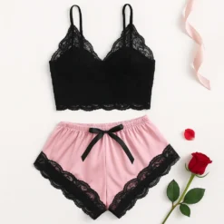 Satin Pajama Set with Lace Cami Top and Shorts for Women, Breathable Sleepwear in Black and Pink