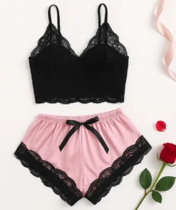 Women's 2 Piece Sexy Lace Pajama Set See-Through Bralette Cami Top and Shorts Breathable Sleepwear Plus Size Summer Lingerie