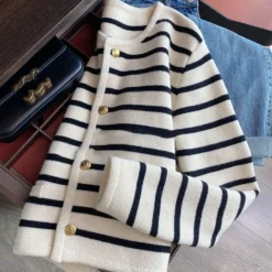 Knitted Cardigan with O-neck and Stripe Design for Women, Casual Long Sleeve Spring Autumn Top