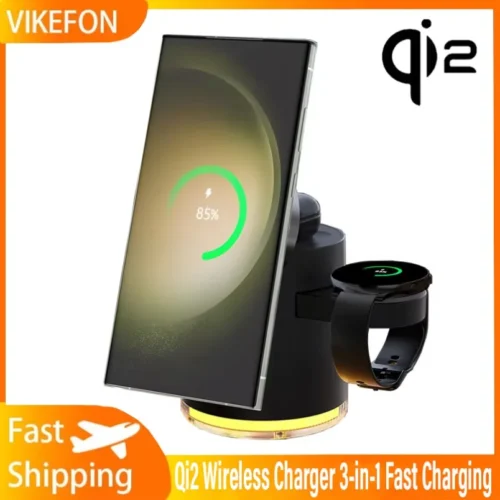 Qi2 Charger with Night lamp 3in1 Magsafe Wireless Chargers Station for iPhone & Samsung Apple Watch Magnetic Charging Accessory