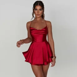 Cowl Neck Backless Jumpsuit - Summer Satin Short Romper for Women