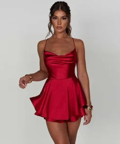 Summer Satin Women's Cowl Neck Backless Jumpsuit - Short Romper