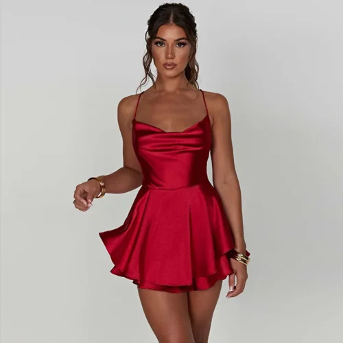 Summer Satin Women's Cowl Neck Backless Jumpsuit - Short Romper