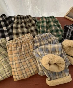 Fashion Thick Plaid Plush Pants for Women - Winter Loose Wide-Legged Casual Trousers