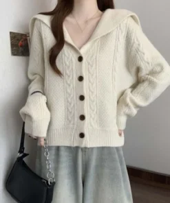 Flip Collar Grid Crochet Sweater Autumn Spring Long Sleeve Cardigans Women Y2K Preppy Style Ladies Tops