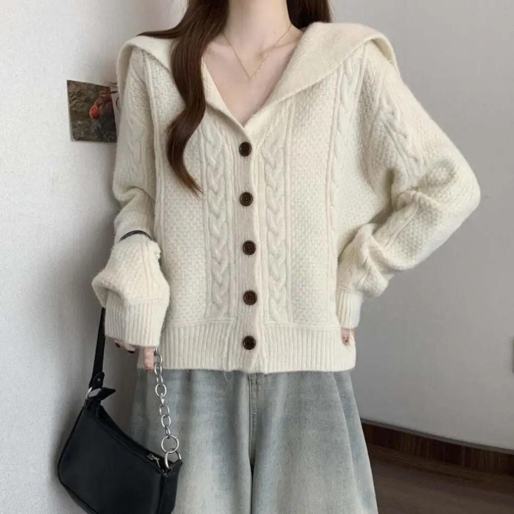Flip Collar Grid Crochet Sweater Autumn Spring Long Sleeve Cardigans Women Y2K Preppy Style Ladies Tops