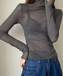 Alternative view of Sexy Women T Shirt See Through Transparent Mesh Tops Long Sleeve Sheer Slim Ladies Solid Turtleneck Silk T-Shirt Lace Crop Top
