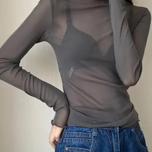 Alternative view of Sexy Women T Shirt See Through Transparent Mesh Tops Long Sleeve Sheer Slim Ladies Solid Turtleneck Silk T-Shirt Lace Crop Top