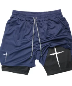 Alternative view of Cross Print 2 in 1 Performance Shorts for Men Gym Workout Running Shorts with Phone Pocket Towel Loop Sports Athletic Activewear