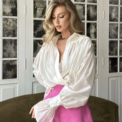 Alternative view of Bornladies Autumn Women's Fashionable Loose Collared Shirt Office Lady Solid Color Versatile Flare sleeve Top Long Sleeved Shirt