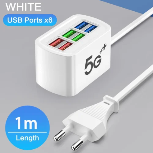 Fast USB Charging Station with 1m Cord - 6-Port Power Strip for iPhone and More