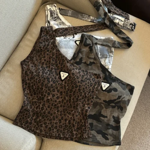 Sexy Woman Y2k Shoujo Girl Tops With Chest Pad Camisole Leopard Print Bustier Vest Vintage Clothing Gary Clothes Crop Top Girls