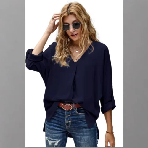 Alternative view of Top Blouse Women Casual V Neck Batwing Sleeve Solid Color Button Loose Pullover Shirt Tops Female Spring Summer 2025 Office Lady