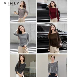 Casual T-shirts with French Slash Neck and Long Sleeves for Women - Slim Fit Knitted Tees