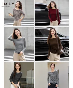 VIMLY Tops Woman 2025 Autumn French Slash Neck Long Sleeve Ladies T-shirts Casual Knitted Slim Fit Strecth Female Tees A3039