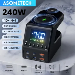 240W GaN Charger Station with 4×140W PD3.1 USB Type C and Wireless Fast Charging for MacBook and iPad