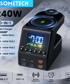 240W GaN Charger Station 4×140W PD3.1 USB Type C Wireless Fast Charger for MacBook iPad Samsung Alarm Clock Time Display