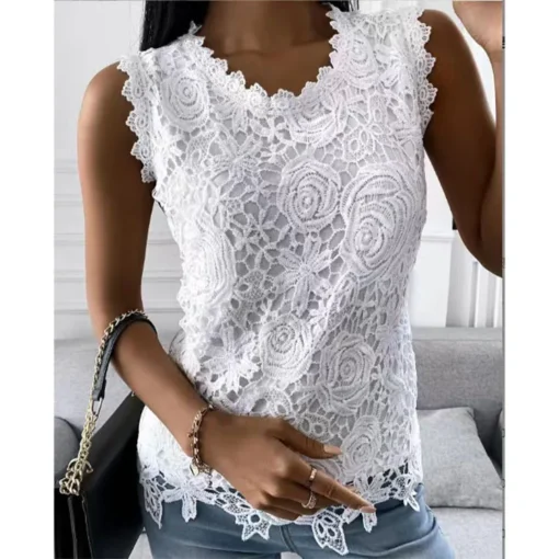 Sleeveless Lace Floral Blouse with Round Collar for Women - Spring Summer Office Camisole - Image 6