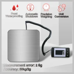 High-precision digital scale with backlight, weighs up to 50kg in 2g increments, suitable for parcels and pets