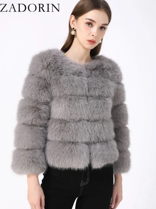 Faux Fur Coat + Elegant Fluffy Design + Short Black and White Jacket + Women's Winter Clothing - Image 3