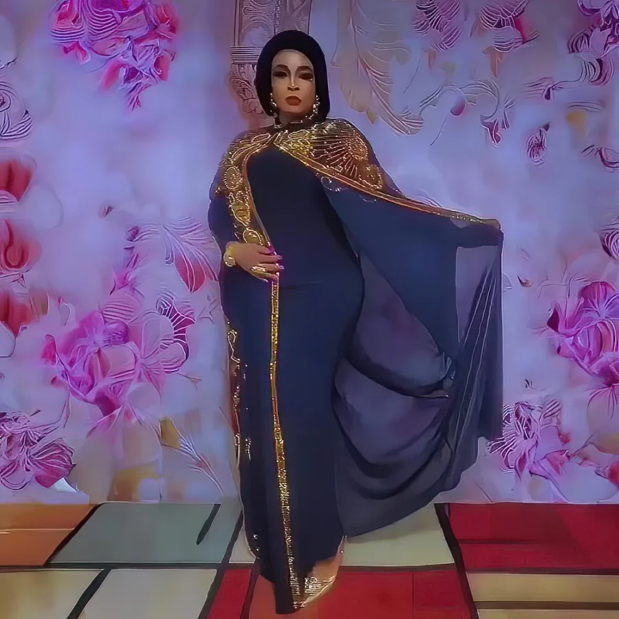 Luxury Chiffon Bubu Dress Set for Women - Plus Size African Style with Rhinestones - Image 5