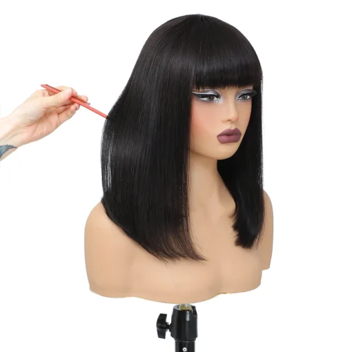 Short Bob Wig with Bangs, 180% Density Straight Human Hair Bob for Women - Image 3