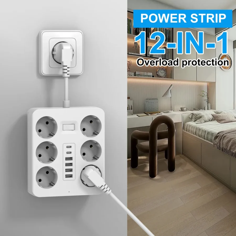 Wall Socket Extender with 6 AC Outlets 4 USB Ports 2 Type-C EU Plug Charger Electrical Switch For Home Power Strip Socket - Image 6