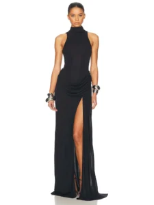 Off-Shoulder Thigh Split Maxi Dress for Women - black, S