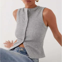 Alternative view of Ribbed Button Front Tank Top with Round Neck for Women's Casual Daily Wear