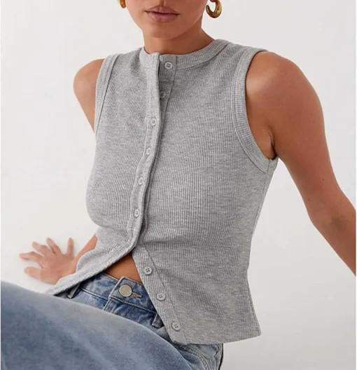Ribbed Button Front Tank Top with Round Neck for Women's Casual Daily Wear - Image 2