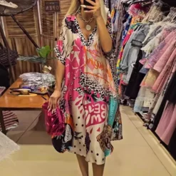 Casual A-Line Long Dress with Leopard Print and Half Sleeves for Women