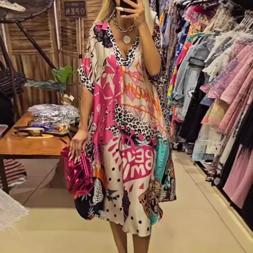 Casual V Neck Loose Long Dresses for Women Spring Leopard Colorful Printed A-Line Party Dress Autumn Half Sleeve Female Clothing