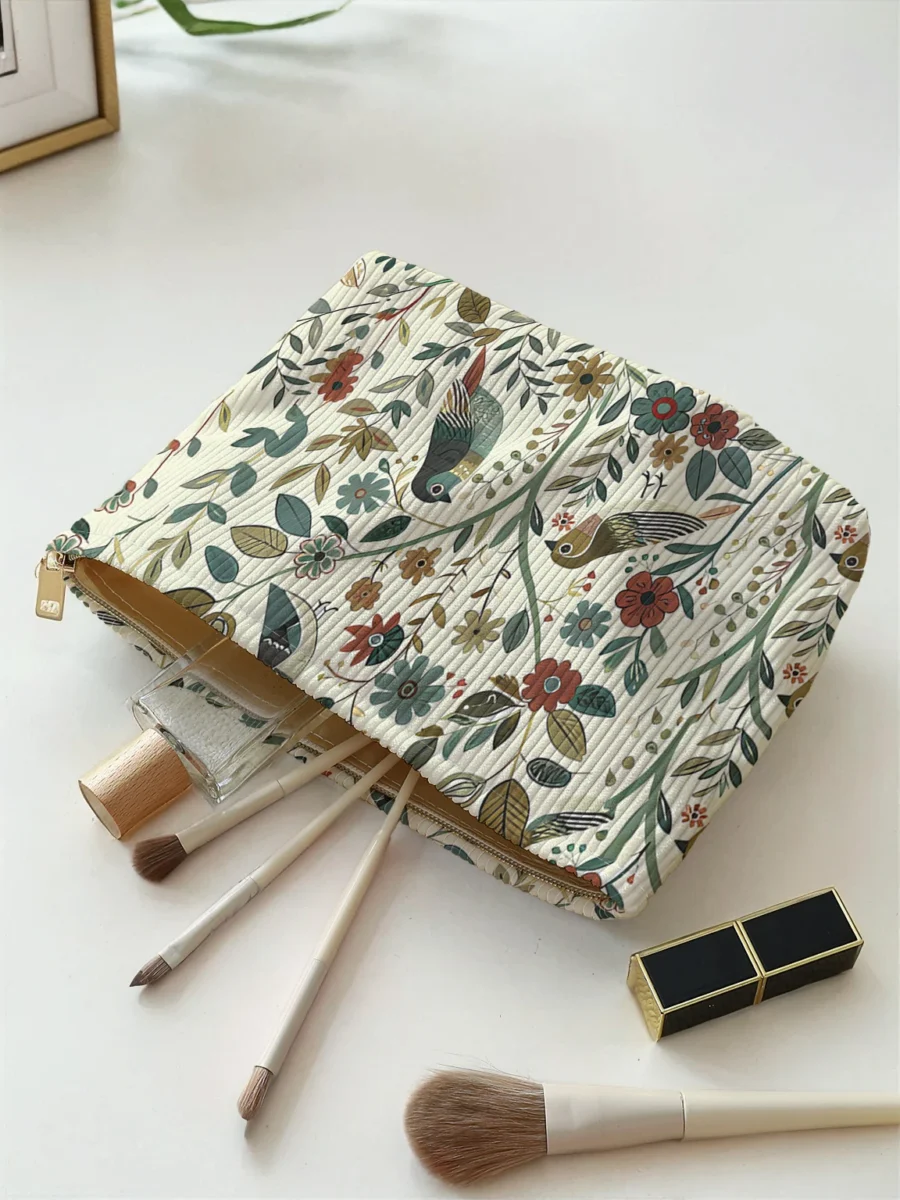 Branch Bird Pattern Corduroy Makeup Bag - Lightweight Multifunctional Cosmetic Storage - Image 4