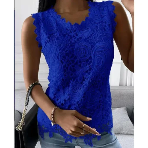 Alternative view of Vest Top Woman Sleeveless Tank Tops Lace Floral Blouse Round Collar Waistcoat Female Spring Summer Office Lady Sexy Camisole