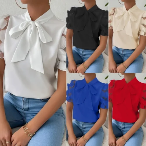 Blouse Top Women Bow Neck Lace Up Sheer Floral Puff Sleeves Solid Color Casual Shirt Office Lady 2025 Summer Female Tops