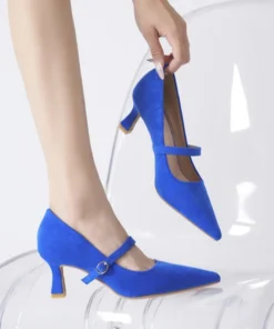 Alternative view of Lady Hoof Heels Shoes Shallow Mouth Pointy Tip Pumps Designer Brand Heeled With Buckle Strap Flock Gorgeous Rose Red Sandals 43