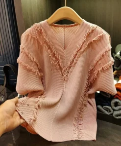 High-end Light Luxury Dragon Scale Pleated V-neck Top Summer New Design Sense Beads Solid Color Loose T-shirt Women Clothes