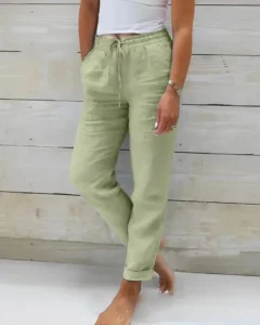 Loose Casual Trousers for Women - High Waist Cotton Linen Summer Pants - Green, XL