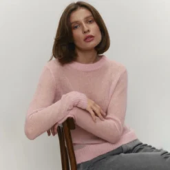 Alternative view of Mohair Knit Sweater with O-Neck and Long Sleeves for Women, Loose Fit See-Through Casual Top