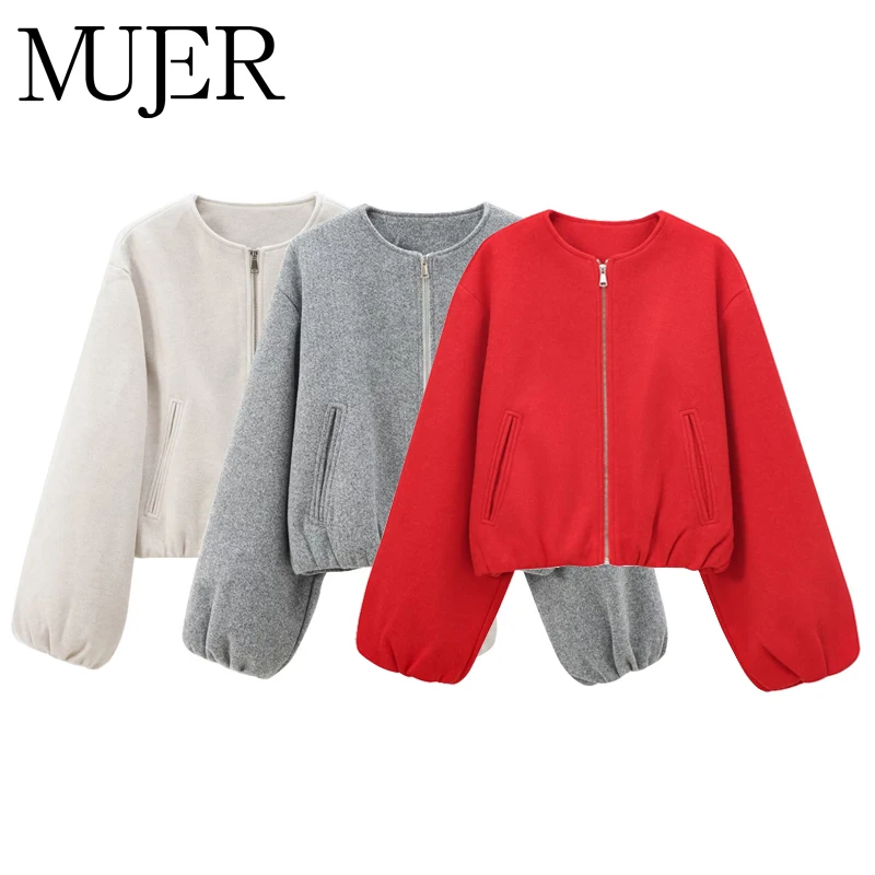 MUJER Women's Soft Red Cropped Bomber Jacket with Zipper - Long Sleeve Sports Outerwear